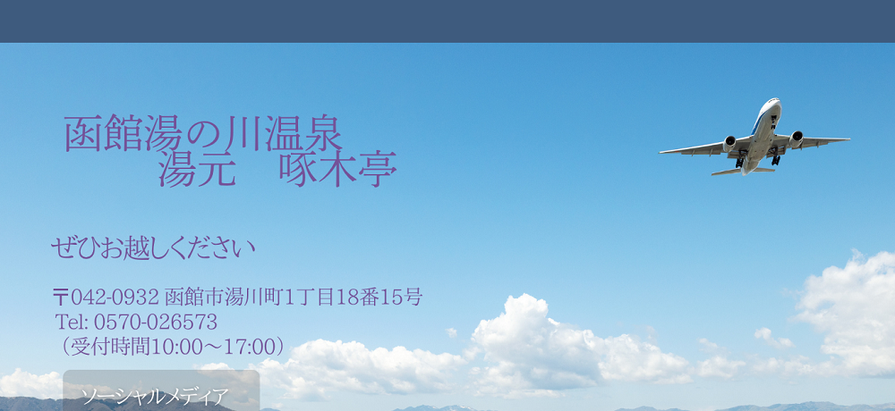 函館湯の川温泉 湯元 啄木亭　代表TEL　0570-026573（10：00～17：00）　FAX　 0138-59-5383　〒042-0932　函館市湯川町1丁目18番15号